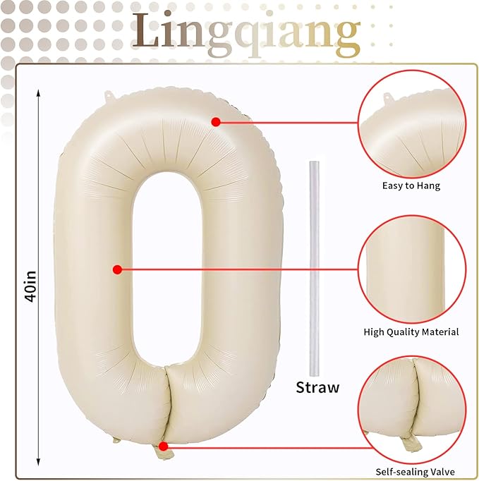 Cream 10 Balloon Numbers for 10th Birthday Decorations, 40 Inch Beige Helium Foil Number 1 & 0 Balloons for Girls Boys, White Sand 10th Birthday Balloons for Women Men Anniversary Party Supplies