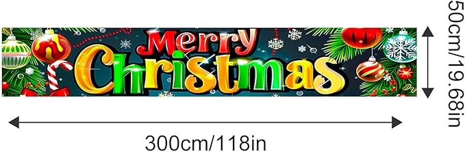 Merry Christmas Decorations Banner 118x20 Inch Polyester Fabric Ornaments Tree Branches Holly Design for Indoor Outdoor Garden Fence Banner Outdoor Porch sign Party Supplies