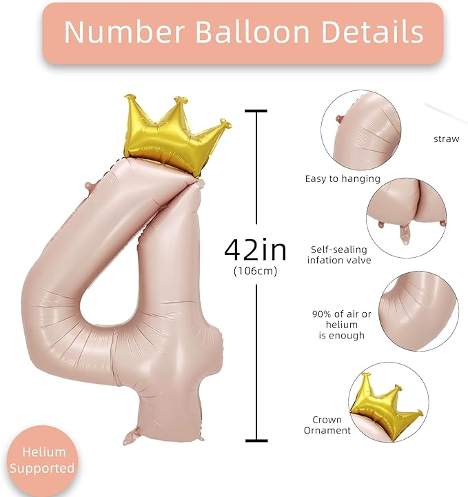 AULE 40 Inch Big Pink 4 Balloon Number with Crown Large Foil Helium Number Balloons 0-9 Jumbo Giant Happy 4th Birthday Party Decorations Huge Mylar Anniversary Party Supplies