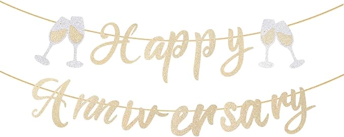 Happy Anniversary Banner, Pre-Strung Glitter Anniversary with Champagne Gold Wine Glass Design for Wedding Party & Celebration Decorations (Champagne Gold)
