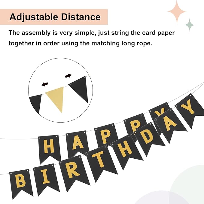 MECCANIXITY Birthday Banner 16 Feet Black Gold Birthday Decorations CardStock Birthday Sign with Pennant Banner Flags for Birthday Decor Backdrop Festival Party Supplies