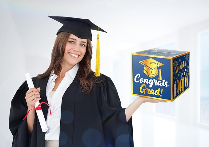 JWSCYSY Graduation Card Box Holder, Congrats Grad Foldable Cardboard Decorations Box for Graduation Party Favors Decor Party Supplies (Blue Gold)