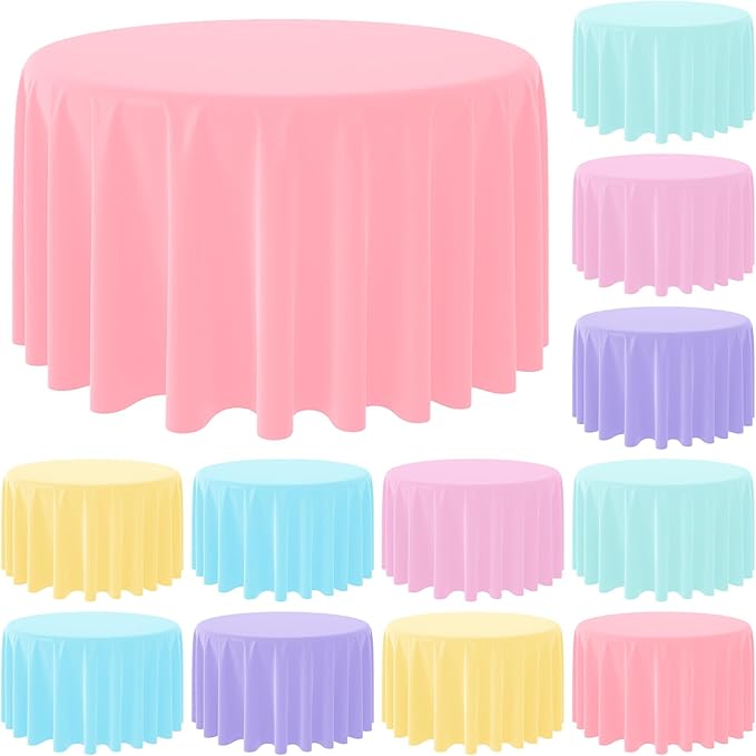 MASHAN 12Pack 84 Inch Round Pastel Color Tablecloths,Plastic Pastel Rainbow Tablecloth Disposable Round Table Covers for Baby Shower, Easter,Wedding, Birthday and Ice Cream Party Decoration,6Color