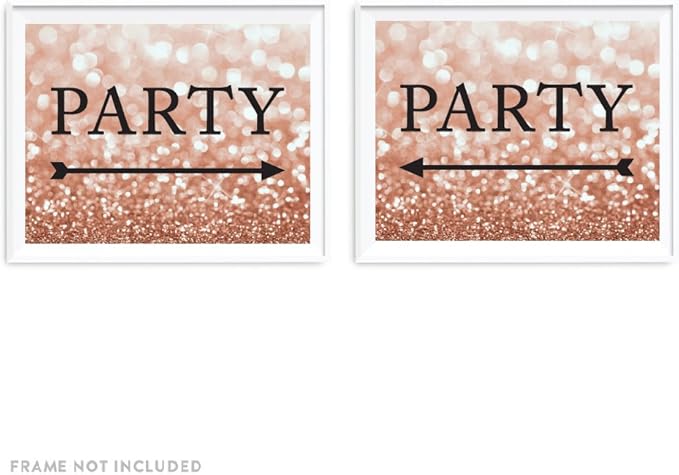 Andaz Press Wedding Party Directional Signs, Glitzy Rose Gold Glitter, 8.5x11-inch, Double-Sided, Party with Big Arrow, 1-Pack, Bokeh Colored Party Supplies