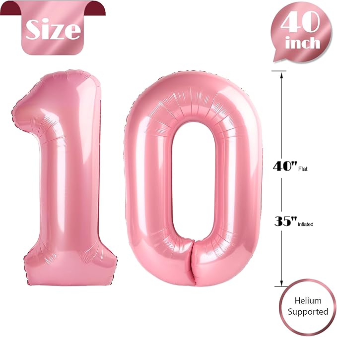 10 Balloon Number, Pearlescent Pink Number 10th Birthday Balloons 40 Inch, 10 Years Old Pearlescent Pink Birthday Decorations for Boys Girls, 10th Anniversary Decorations