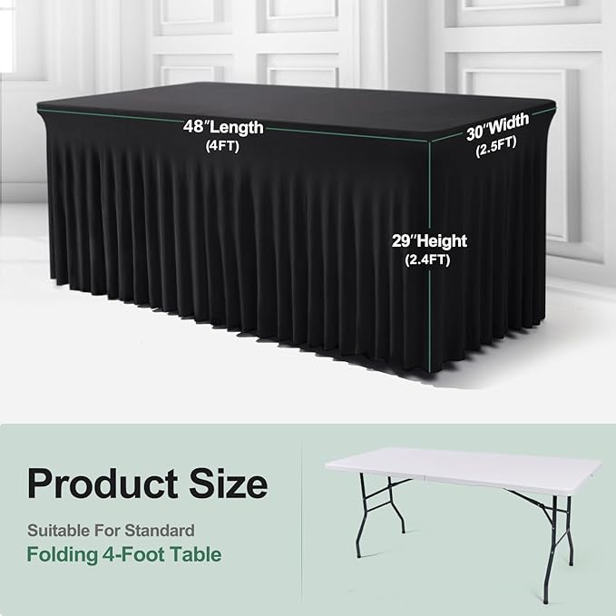 Table Skirt for 4 Foot Tables - 2 Pack One-Piece Black Tablecloths and Skirt, Wrinkle Resistant Ruffles Elastic Cover for Banquets, Weddings, Events, Parties