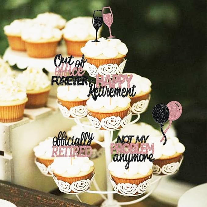 24 Pcs Happy Retirement Cupcake Toppers Officially Retired Cupcake Picks, Out Of Office Forever Retirement Theme Cake Toppers Decorations for Farewell Party Cakes (Black&Rose Gold)