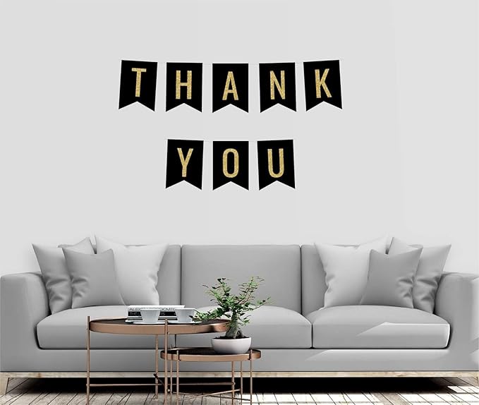 Andaz Press Faux Gold Glitter on Black Party Banner Decorations, Thank You, Approx 5-Feet, 1-Set, Birthday Wedding Baby Shower Colored Hanging Pennant Decor