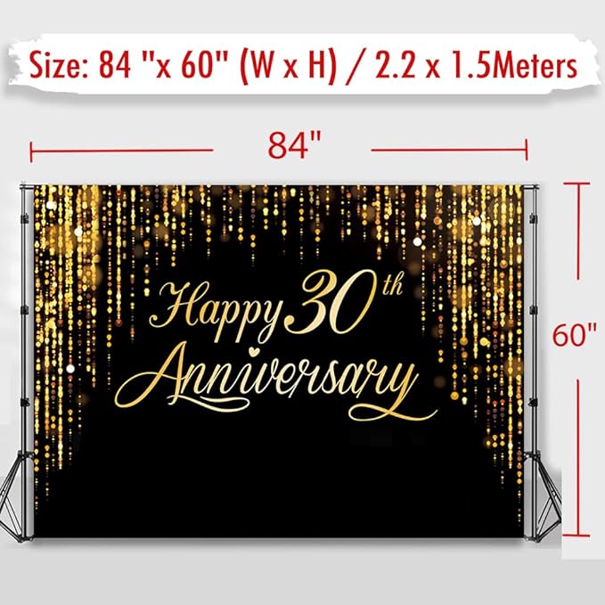 Happy 30th Anniversary Banner - Black Gold Photography Poster for Wedding, Birthday Party Decoration