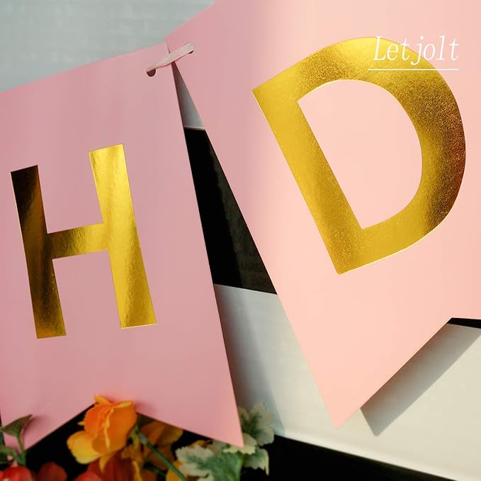 Pink Happy Birthday Banner Party Signs Golden Sparkle Funny Bunting Supplies Garland for Girls Party Decorations Nursery Hanging 13 Pieces