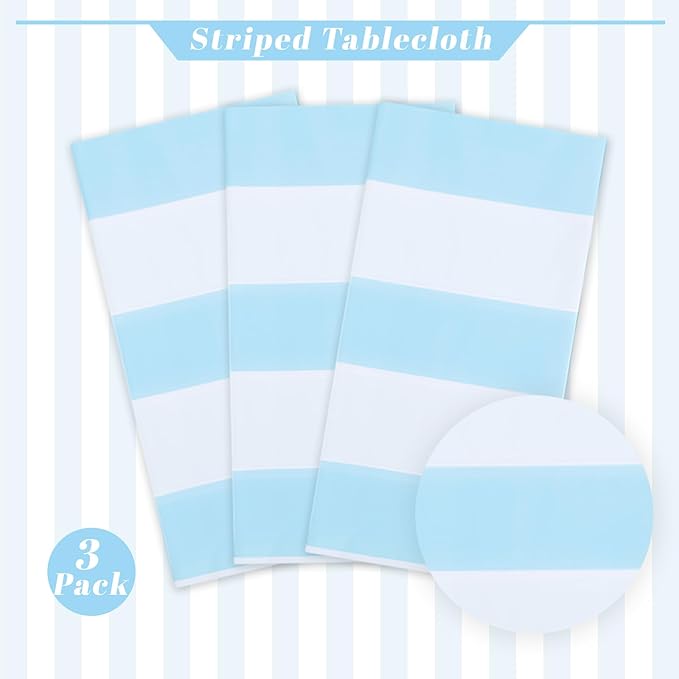 Kesfey 3 Packs Light Blue and White Vertical Striped Table Cloth 54 x 108 Inches Bluey Stripe Table Cover Disposable Plastic Beach Tablecloths Waterproof Rectangle Picnic Tablecover for Birthday Party