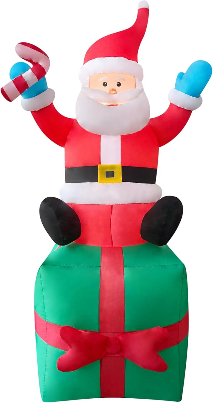 2 Packs 6FT Inflatable Christmas Santa Claus on Gift Box and Gingerbread Man Blow Up Decor for Christmas Outdoor/Doorway/Lawn Decor/Yard Party Decoration