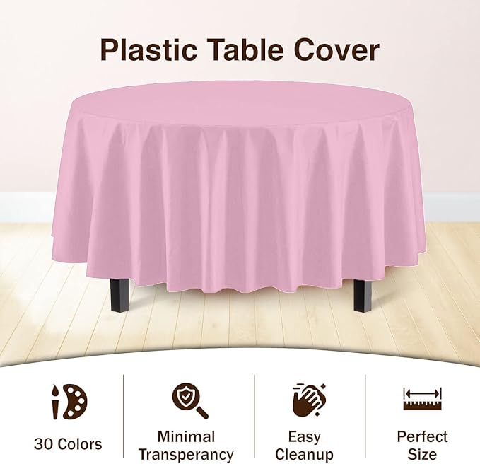 Exquisite Party Solids 6-Pack Premium Plastic Tablecloth 84in. Round Plastic Table Cover - Pink