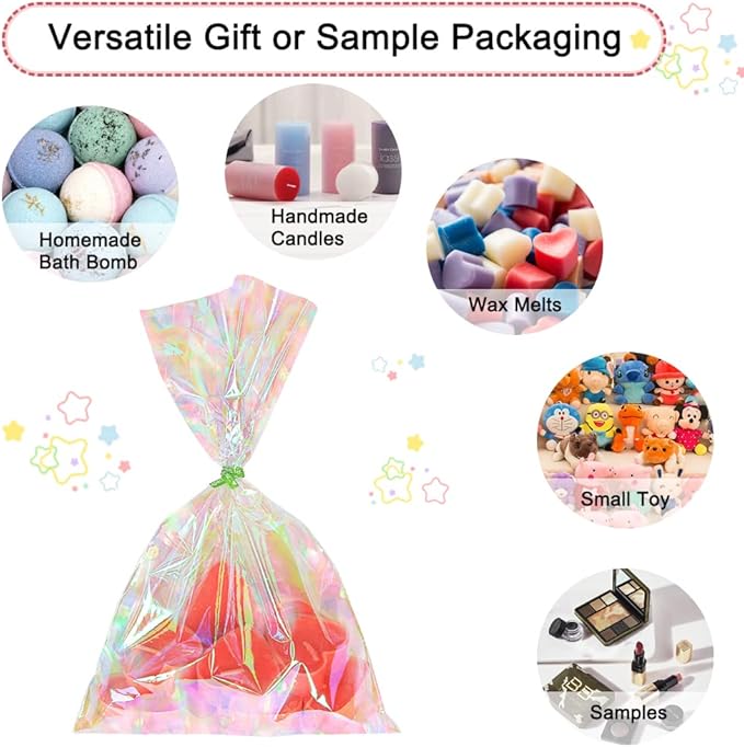 HRX Package 120pcs Iridescent Cellophane Treat Bags with Ties, 6x9 inch Holographic Plastic Goody Bags for Candy Party Favors Small Gifts