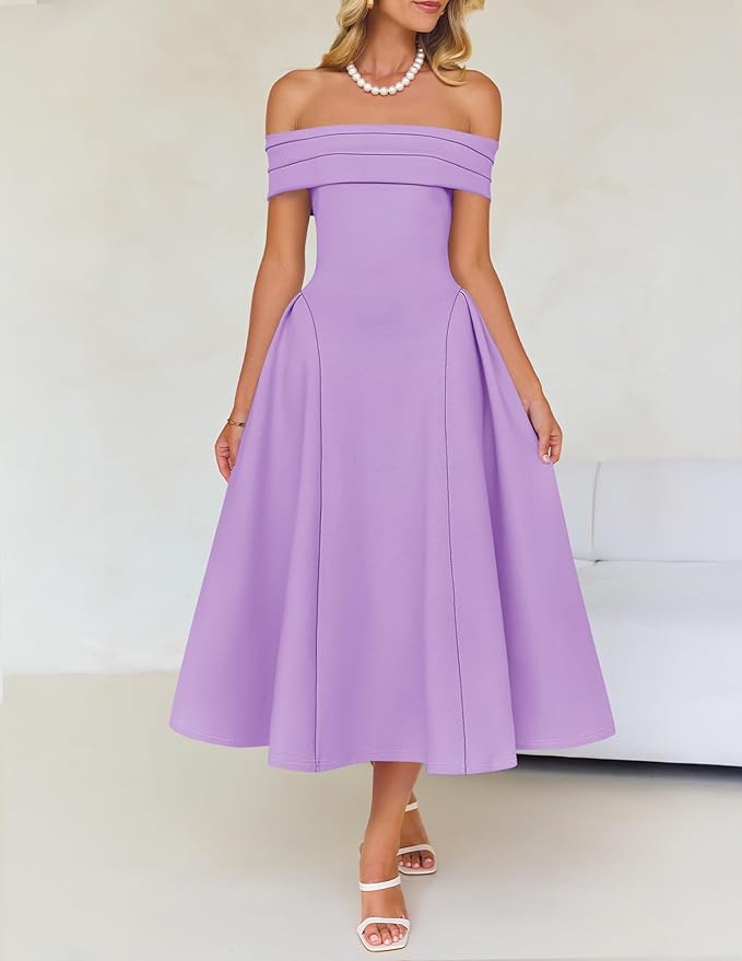 ZESICA Summer 2026 Cocktail Dresses for Women's Off Shoulder Short Sleeve Swing A Line Wedding Evening Party Midi Dress