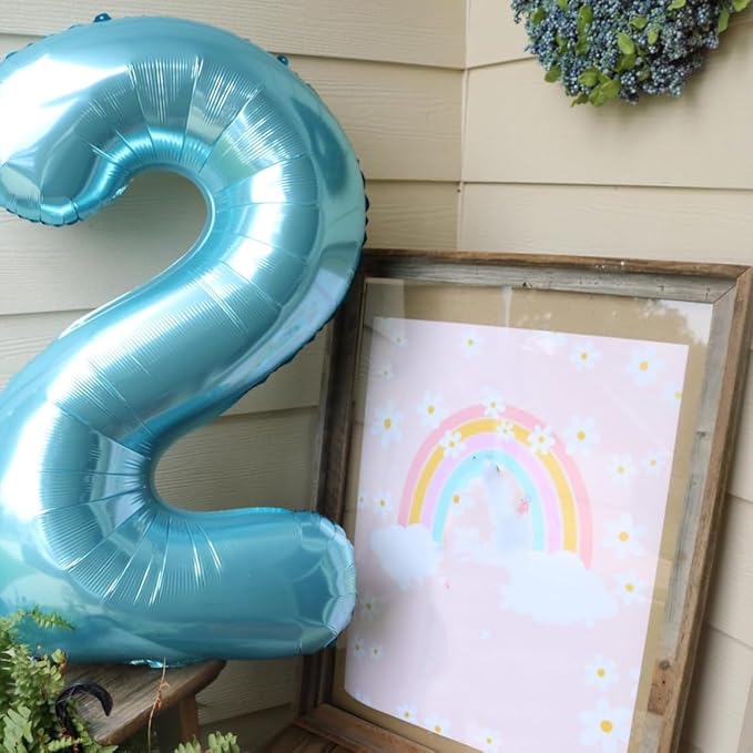 40 Inch Light Blue Number Balloon 2, Large Baby Blue Number 2 Balloons for Birthday Party Decorations, Blue Foil Mylar Birthday Balloons