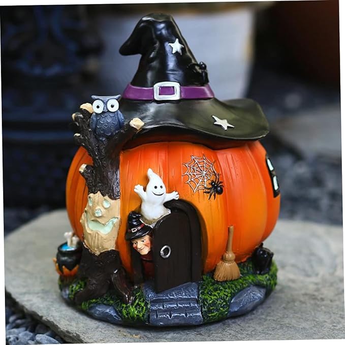 Halloween Statue Resin Luminous Witch Pumpkin Ornament Waterproof Halloween Pumpkin Decorations for Garden Outdoor Halloween Ornaments for Garden Haunted House Props Halloween Resin Ornaments Hallowee
