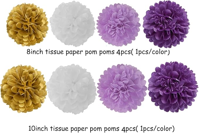 Purple White-Gold Party-Decoration Graduation Banner - 8pcs Kits Cap Garland Streamers, Paper Tissue Pom Poms Flowers,We are So Proud of You Congratulations Grad 2024 Decor Lasting Surprise