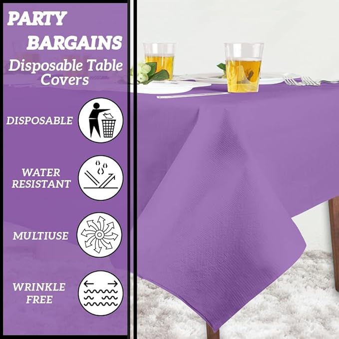 PARTY BARGAINS Disposable Table Covers, 54 x 108 Inch, Purple, 3-Ply Paper & Plastic Spill-Resistant Party Tablecloths, 40 Pack