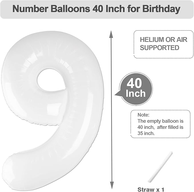 White Number 9 Balloon, Foil 40 Inch Happy 9 19 29 90 Birthday for Men And Women, Foil Balloons Decoratins for Boy and Girl Birthday, Wedding Anniversary, Single, New Year, Party Syupplies