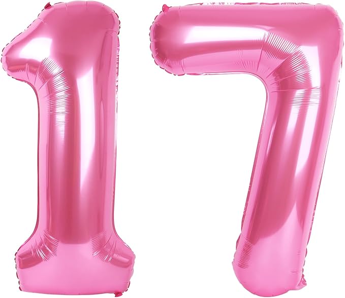 Pink Jumbo Number 17 Balloon 40 Inch, Boy Girl 17 Birthday Supplies, Foil Helium 17 Birthday Giant Balloon, Mylar Pink Number Balloons Anniversary Decorations