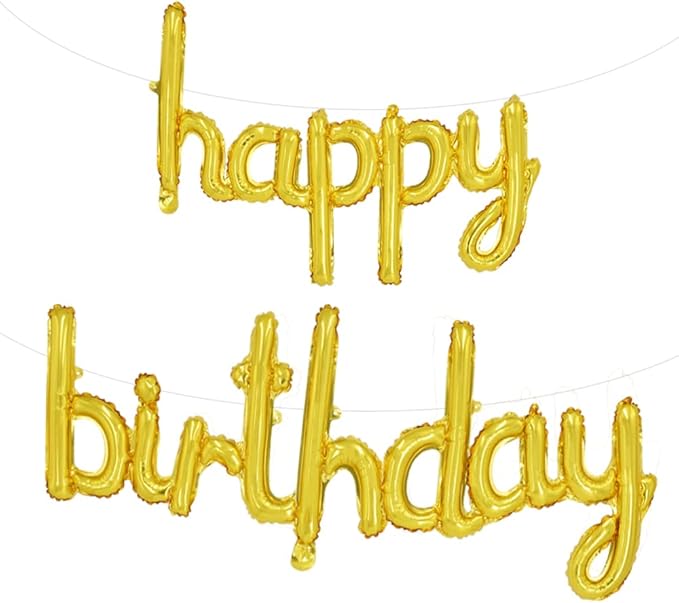 TONIFUL Gold Happy Birthday Balloons Banner, 16 Inch Mylar Foil Script/Cursive Letters Birthday Sign Banner Balloon Reusable Material for Girls Boys Kids & Adults Birthday Decorations