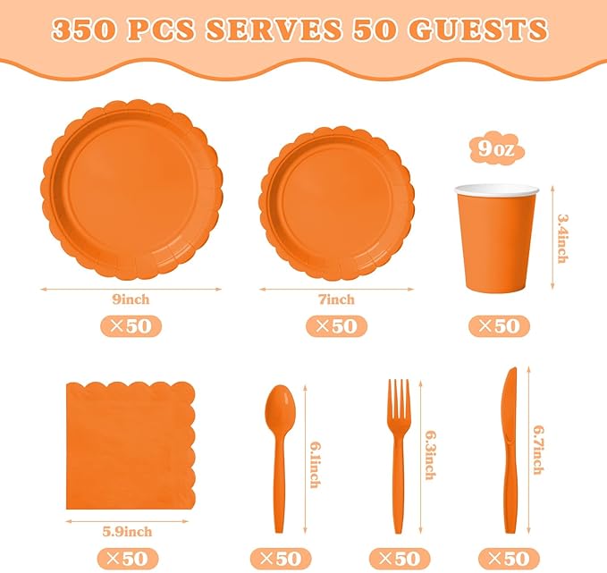 Vyntra 350 Pcs Orange Disposable Paper Plates and Napkins Set for 50, 9" Dinner Plates & 7" Dessert Plates, Tableware for Halloween, Fall Party, Birthday, Picnic