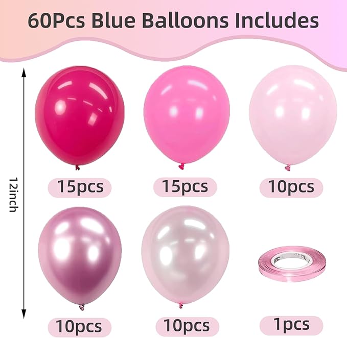 Pink Balloons Metallic Hot Pink Balloon,60Pcs 12Inch Chrome Light Pearl Pink Balloons for Princess Girl Birthday Gender Reveal Bridal Shower Valentine's Day Party Decorations