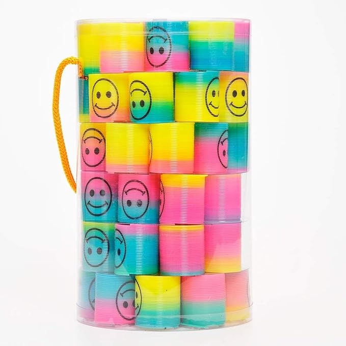 72 PCS Mini Emoticon Smile Happy Face Rainbow Springs Party Favors in Storage Bucket - Bulk Set of Plastic Magic Coil Stretch Stress Toys for Kids Birthdays, Carnival Prizes, Goodie Bag Stuffers
