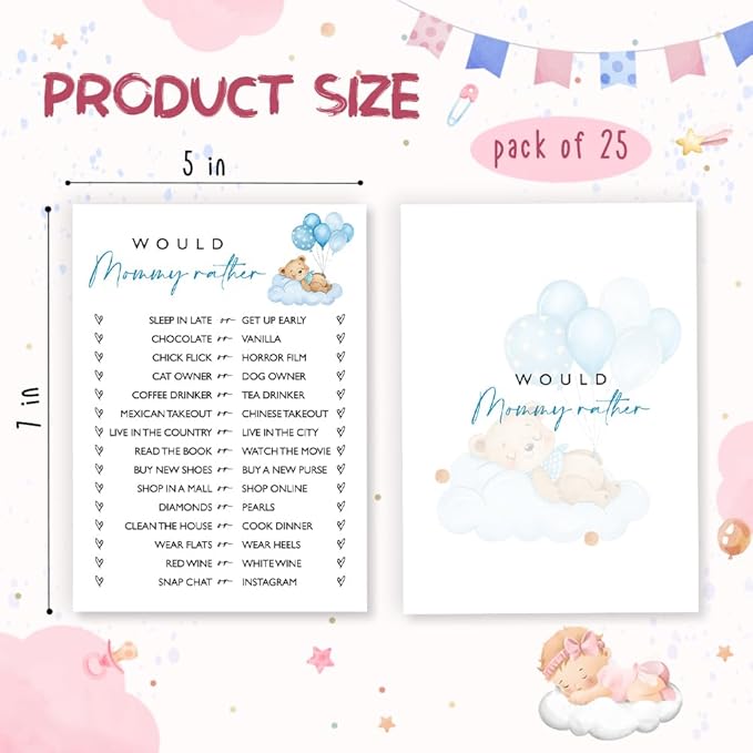 Would Mommy Rather Baby Shower Game, 25 Blue Bear & Balloon Theme Ready-to-Play Cards, Fun Icebreaker Activity for Boys, Baby Shower Party Games and Supplies - B03