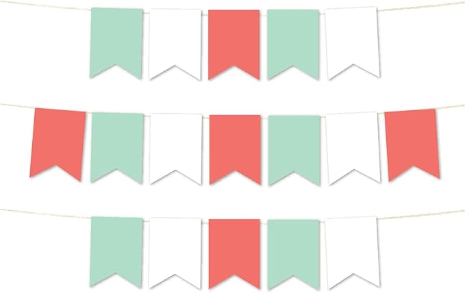 Andaz Press Hanging Pennant Banner with String, Mint Green, White, Coral, 1-Set, 24 Pennants, Approx. 12-Feet Long