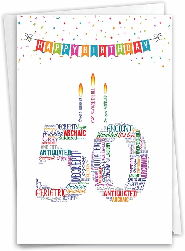 NobleWorks - 50th Funny Card for Birthday - Milestone Bday of 50 Years, Celebrate and Congrats Notecard with Envelope - Word Cloud 50 C3249MBG