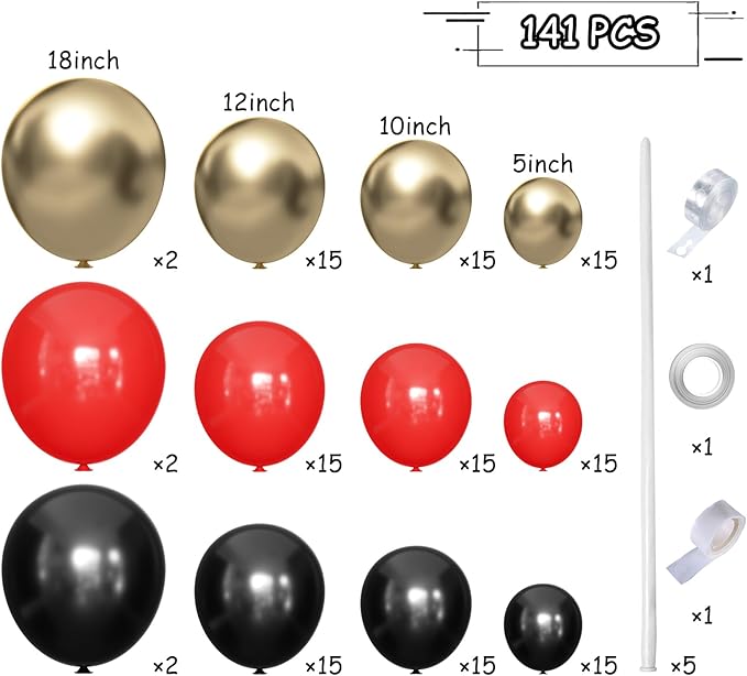 Black Gold Red Balloons Garland Arch Kit, 141Pcs Latex Balloons Different Sizes 18 12 10 5 Inch for Party Decorations, Wedding Backdrop, Birthday, Baby Shower, Graduation