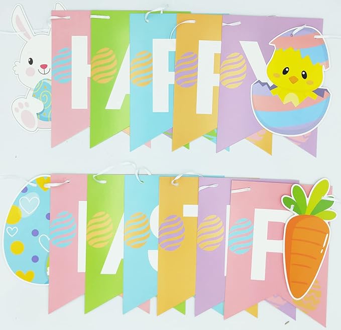 JOZON Happy Easter Banner - Multi-colored, 5.12" x 7" Flags, Easter Party Decorations with Bunny, Eggs, Chick & Carrot Signs