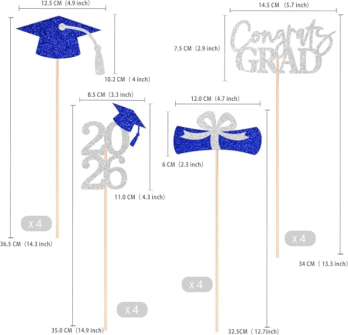 Gexolenu 16 PCS Silver and Blue Double-Sided 2026 Graduation Centerpieces for Tables, 2026 Table Toppers Party Centerpiece Sticks Party Supplies, Graduation Party Decorations Class of 2026, Set of 4