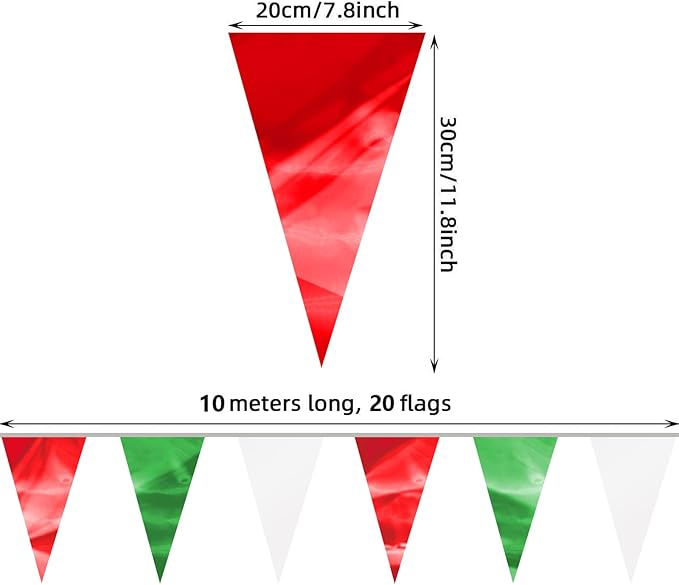 32.8FT White Green Red Glitter Triangle Pennant Banner Flag Metallic Bunting Outdoor Garland for Christmas Italy Mexican Birthday Baby Shower Wedding Banners,New Years Winter Decor Ouruola