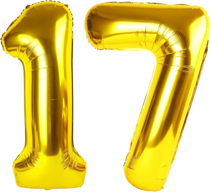 17 Gold Number Balloons, 40 Inch Balloons for Woman Man 17th Birthday Party Decoration, Foil Number Ballon for 17, 71 Anniversary, Bridal Shower, Graduation, Valentine's Day, Mother's Day, Easter