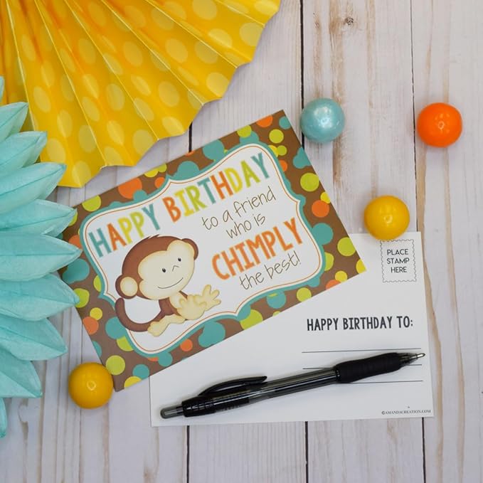 Amanda Creation Chimply the Best Friend Monkey Birthday Pun Themed Single All Occasion Blank Birthday Card To Send To Friends & Family, 4"x 6" (when folded) Fill In Greeting