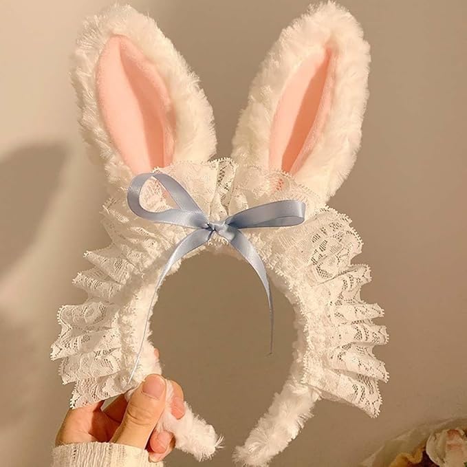 Blync Easter Bunny Ears Headband, Lace Curly Rabbit Hair Accessories, Pink Bow Hairband for Party, Photos, Cosplay