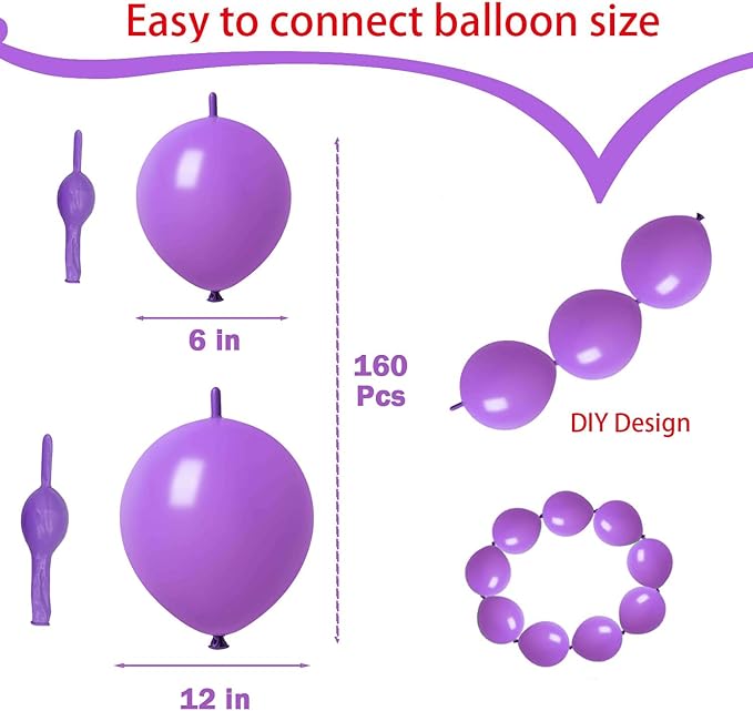 Link Balloons Purple 6 Inch 12 Inch Latex Quick Linkale Balloon 160 Pcs for Birthday, Halloween, Christmas, Party Festival Decorations