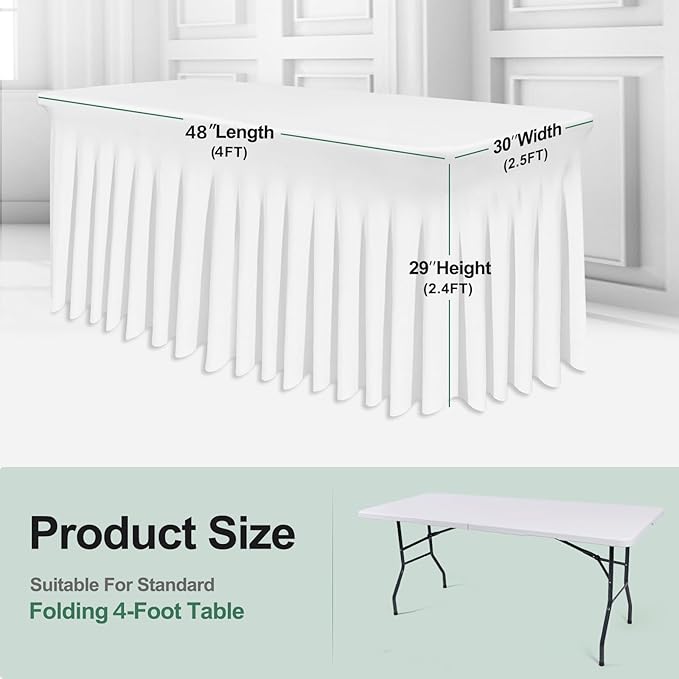 Table Skirt for 4 Foot Tables - One-Piece White Tablecloths and Skirt, Wrinkle Resistant Ruffles Elastic Cover for Banquets, Weddings, Events, Parties