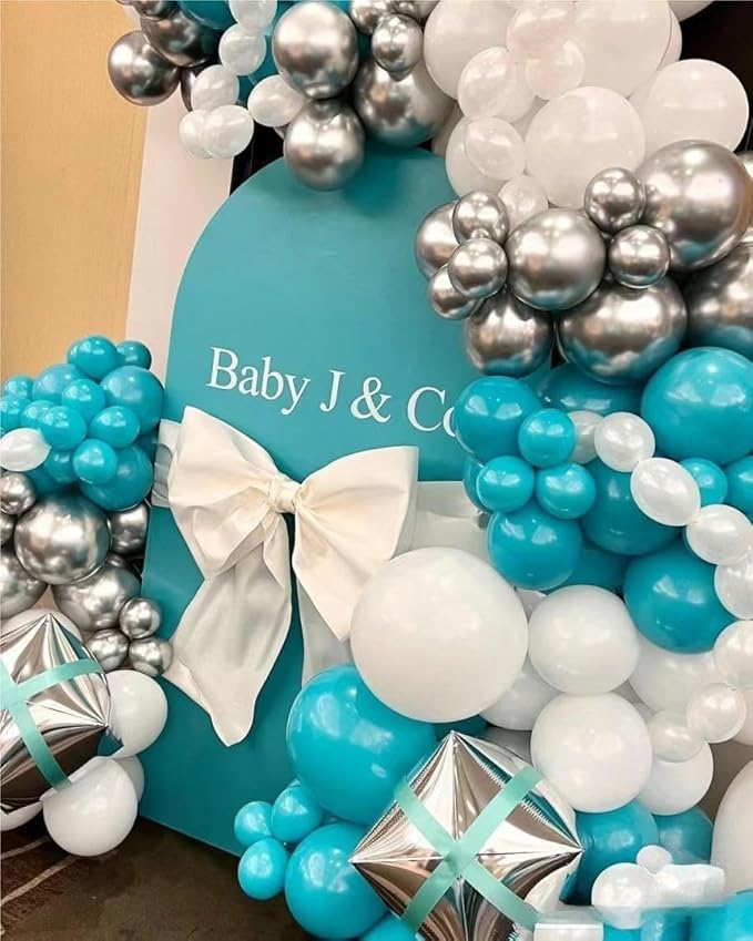 Teal Blue Silver White Balloons Garland Arch Kit, 141Pcs Latex Balloons Different Sizes 18 12 10 5 Inch for Birthday Party Graduation Baby Shower Wedding Holiday Balloon Decoration
