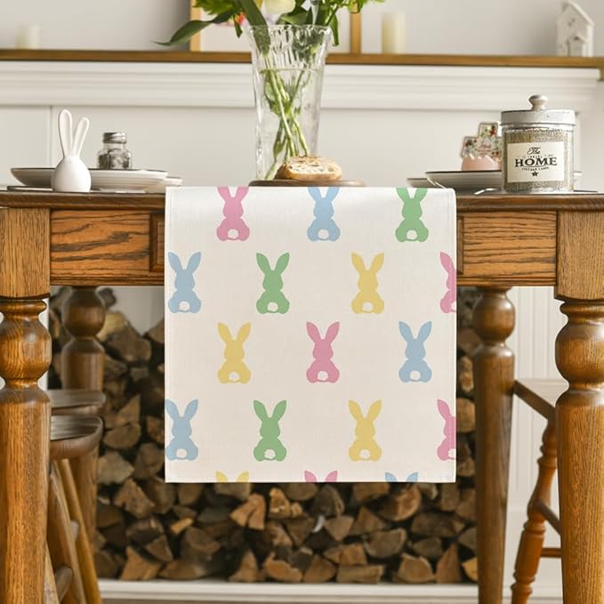 Artoid Mode Green Pink Bunny Rabbit Easter Table Runner, Spring Kitchen Dining Table Decoration for Home Party Decor 13x120 Inch