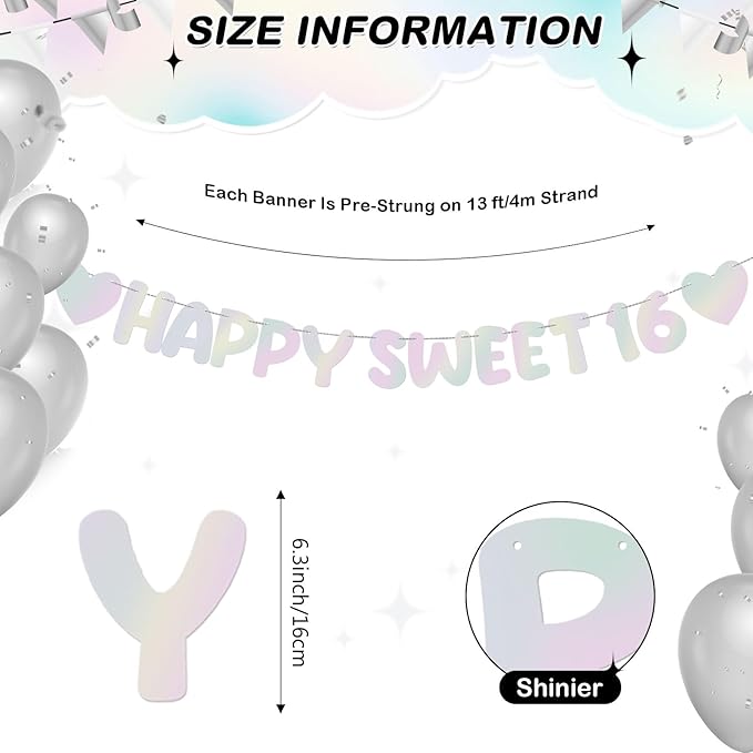 Fulmoon Pre Strung Happy Sweet 16 Banner Glitter Sixteenth Birthday Party Decorations 16th Party Sign Sweet 16 Party Decorations for Birthday Party Bachelorette Party(Glitter Silver)