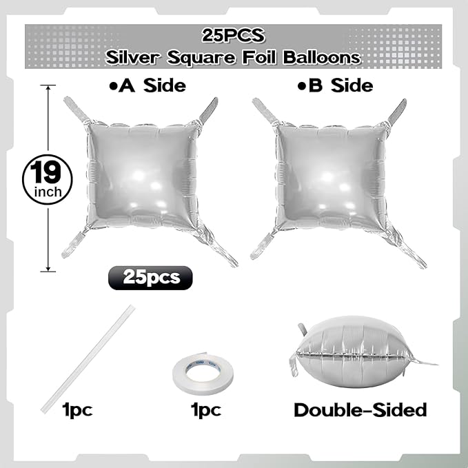 Silver Square Foil Balloons Wall, 25PCS Double Sided Metallic Chrome Silver Foil Square Balloon Backdrop Flat Tunnel Background for Birthdays Graduation Baby Shower New Year Eve Anniversary Engagement