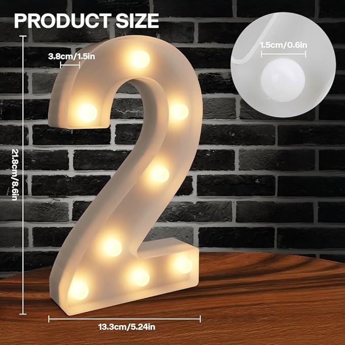 Marquee Numbers Light up Numbers, 0-9 Number Battery Powered LED Light, White Plastic Numbers Sign for 2nd Birthday Decorations, Number Decor for Graduation Engagement Wedding Birthday (Number 2)