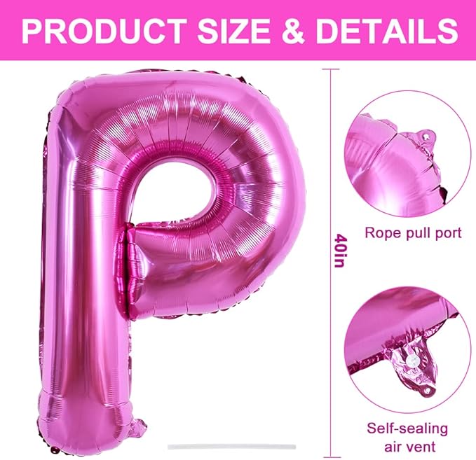 TONIFUL 40 Inch Large Rose Red Letter P Balloons Giant Hot Pink Alphabet Letter Balloons,Foil Mylar Big Balloons for Birthday Party Anniversary Supplies Decorations