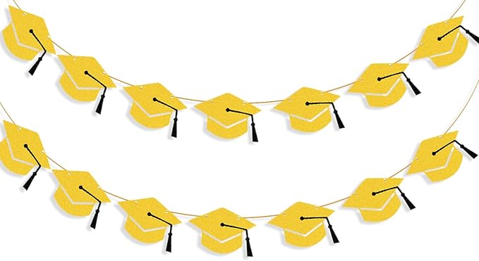 2026 Graduation Hat Banners Garlands Gold Glitter Graduation Party Decoration Banners Graduation Cap Banners Garlands Class of 2026 Graduation Party Banners for College High School