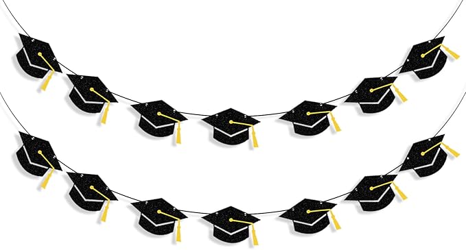 Graduation Decorations Class of 2026 Black Grad Banner Glitter Pre-strung Graduation Cap Banner for 2026 Congrats Grad Decor Party Supplies