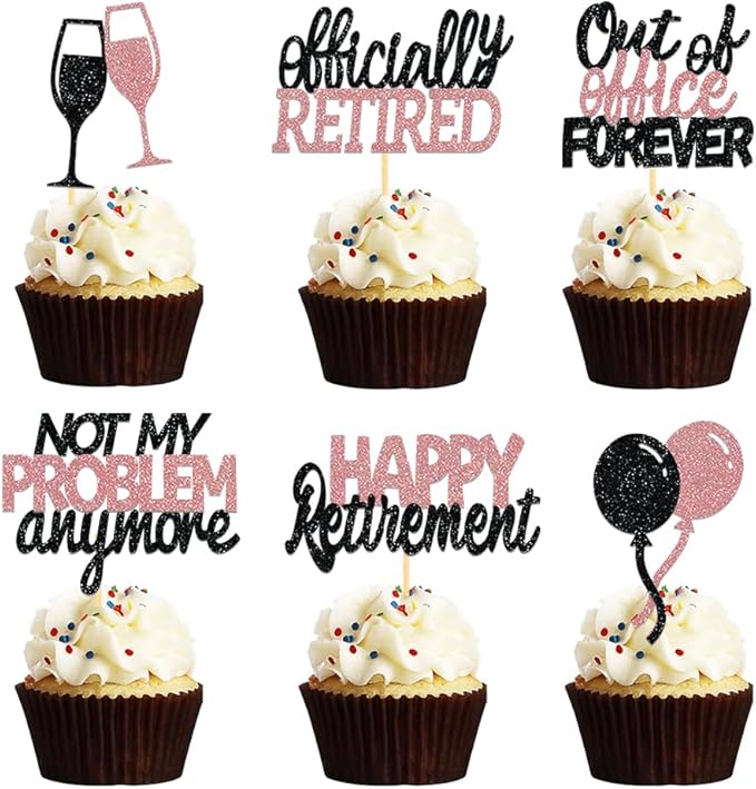 24 Pcs Happy Retirement Cupcake Toppers Officially Retired Cupcake Picks, Out Of Office Forever Retirement Theme Cake Toppers Decorations for Farewell Party Cakes (Black&Rose Gold)